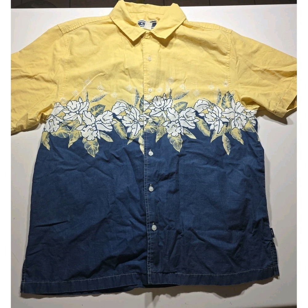 VTG OP Ocean Pacific Hawaiian Shirt Button Up Men XL Surfer Yellow Blue Y2K